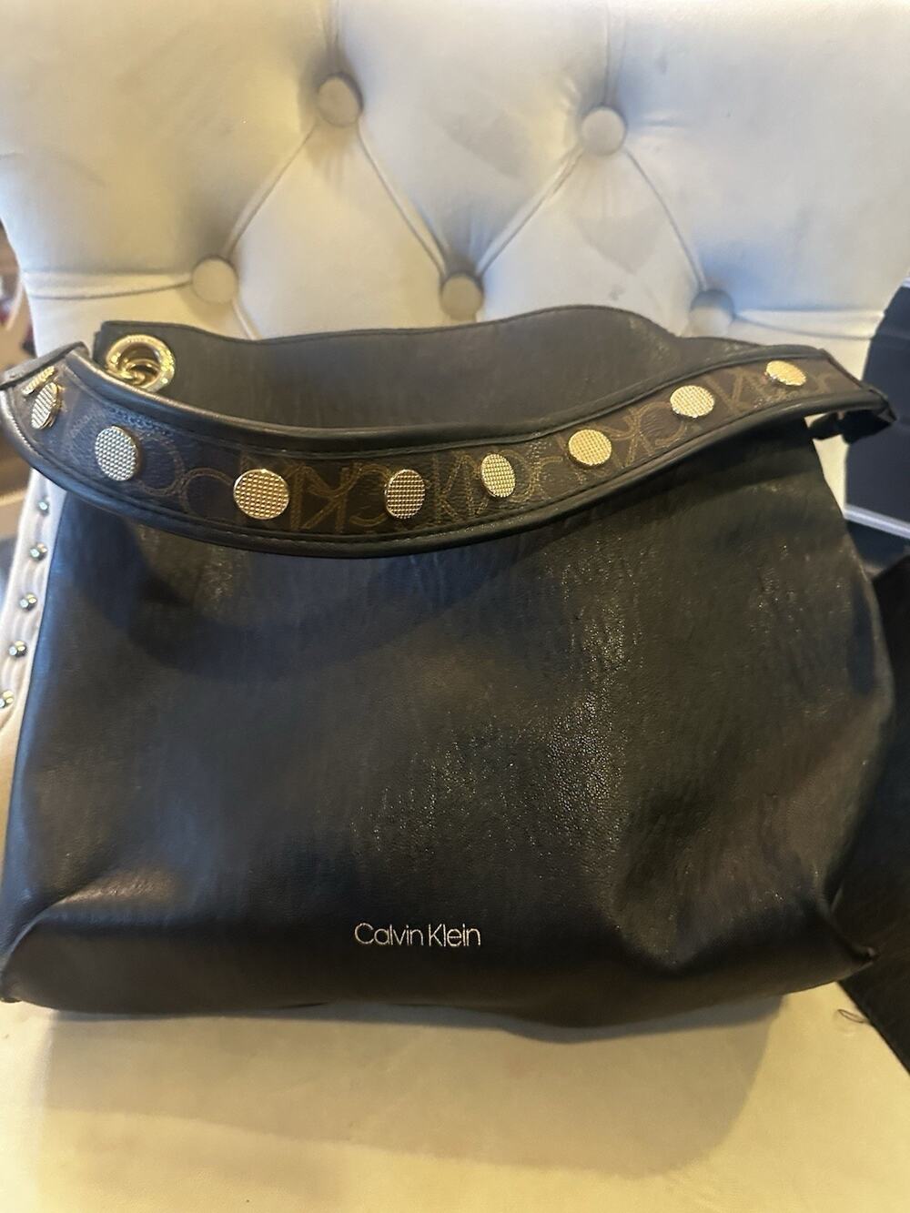 Calvin Klein Black Heavy Leather Embellished Shoulder Strap Handbag